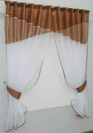 Кухонные шторы VR-Textil № 091к с ламбрекеном и подвязками коричневый с белым 280х170 см (50-786) Киев