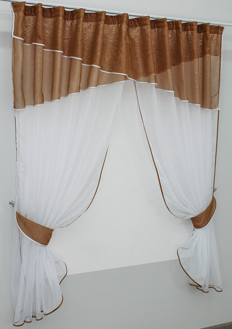 Кухонные шторы VR-Textil № 091к с ламбрекеном и подвязками коричневый с белым 280х170 см (50-786) Киев - изображение 2