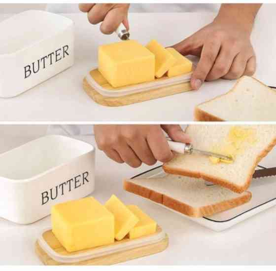 Масленка с ножом, керамическая, белая с бамбуковой крышкой 650мл Винница