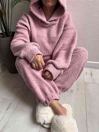 Жіноча стильна домашня плюшева піжама з вушками хутро тедді Пудра Одеса