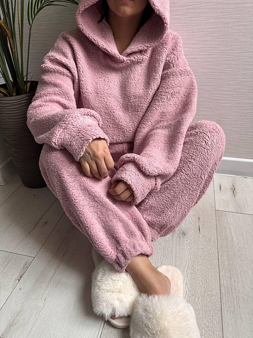 Жіноча стильна домашня плюшева піжама з вушками хутро тедді Пудра Одеса - фото 5