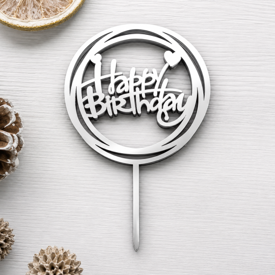 Топер для торта Happy Birthday круглий дзеркальний срібний на День народження Київ