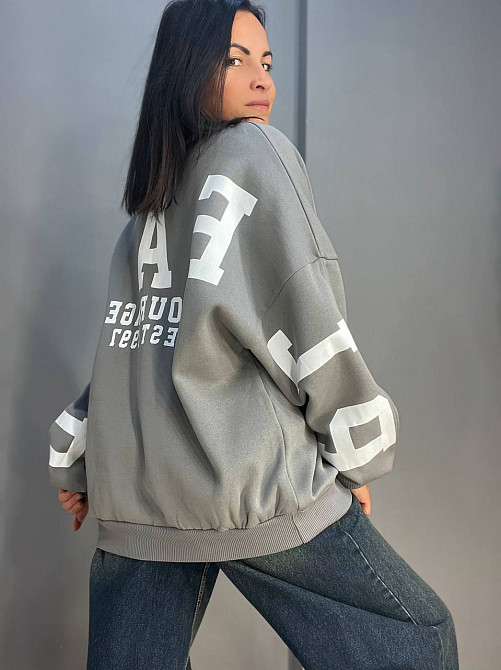 Світшот жіночий DAVRAS 6000 оверсайз подовжений напис на спині PLEASED утеплений на флісі one size, сірий, one size Київ - фото 16