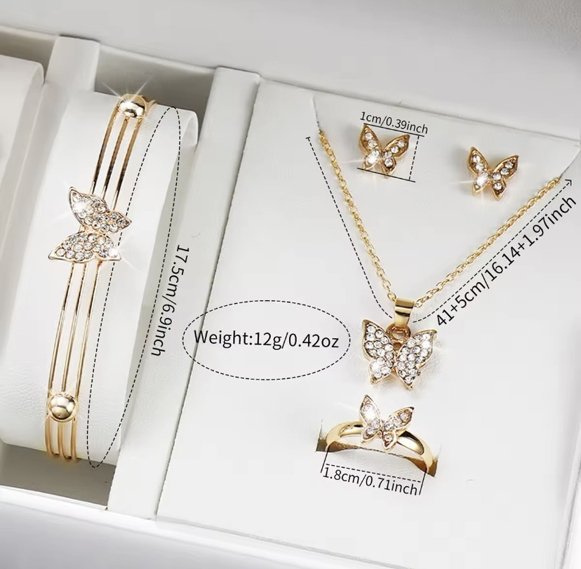 Подарунковий набір для жінок Метелик наручний годинник з браслетом кільцем намистом та сережками без подарункової коробки золотий Київ - фото 3