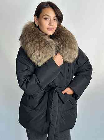 Жіночий зимовий чорний пуховик Aria Raccoon з натуральним хутром єнота 48 Харків