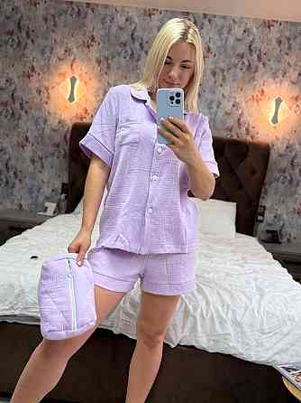 Женская пижама двойка + косметичка из натуральной ткани муслин Лиловый, 42/44 Одесса