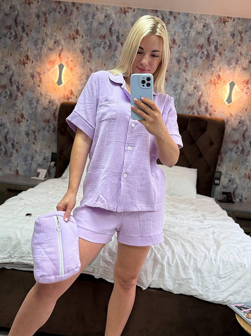 Женская пижама двойка + косметичка из натуральной ткани муслин Лиловый, 42/44 Одесса - изображение 1