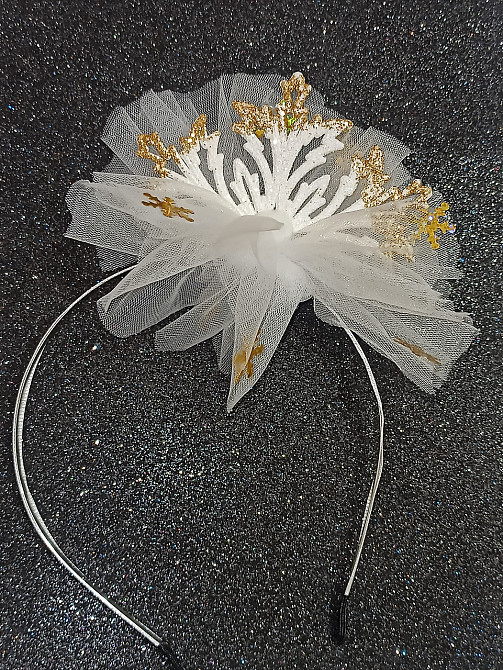 Обруч на новый год снежинка c золотинкой с фатином на голову one size ручная работа белый Киев - изображение 1