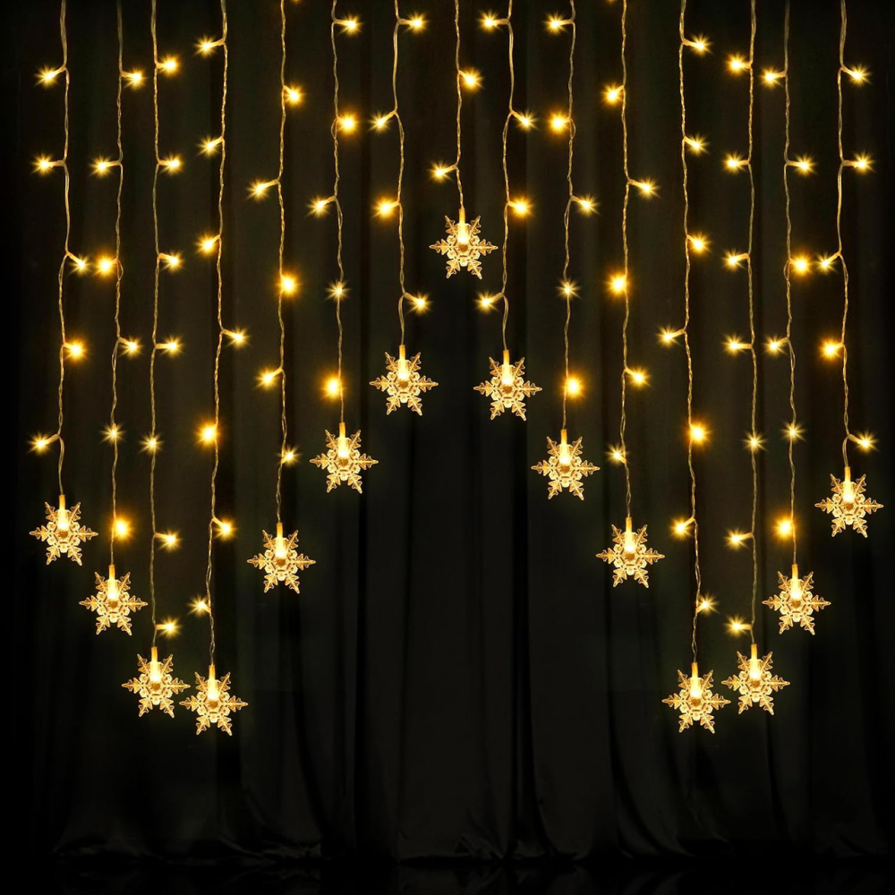 Гирлянда-штора Jsdoin Снежинки 2×1 м, 104 LED, теплый белый, 8 режимов, пульт, таймер, USB Киев - изображение 2