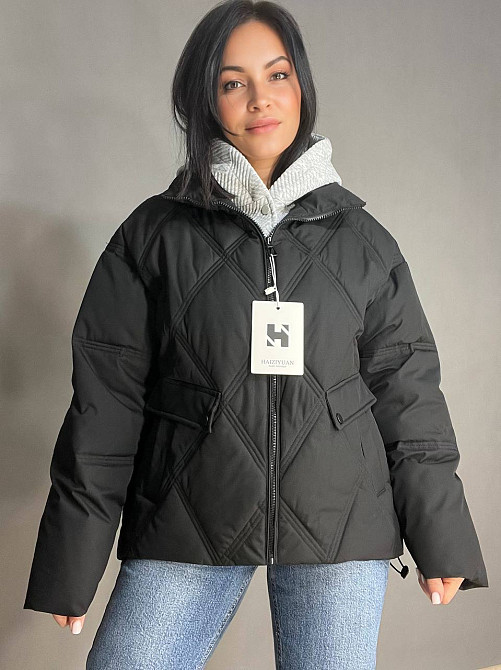 Куртка жіноча Joy one 552 демісезонна оверсайз трикотажна вставка з капюшоном подвійна застібка чорна, чорний, M Київ - фото 10