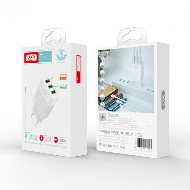 Сетевое зарядное устройство XO L72 QC3.0 3USB/3A с кабелем USB - MicroUSB Белый Каменец-Подольский - изображение 2