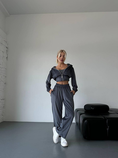 Жіночий стильний прогулянковий костюм-двійка: кофта та штани велюр-плюш Графіт, 42/46 Одеса - фото 5