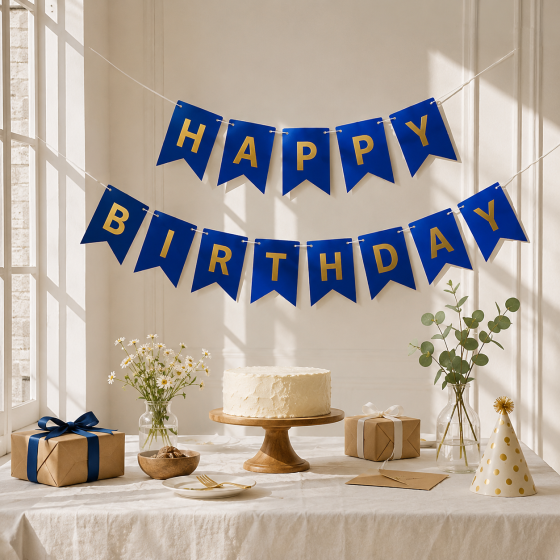 Гірлянда сині прапорці happy birthday 2,8 м, гірлянда прапорці на день народження, розтяжка день народження Київ