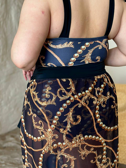Женский сдельный купальник больших размеров с парео plus size с поролоновыми чашками и принтом бифлекс черный 3XL Одесса - изображение 9