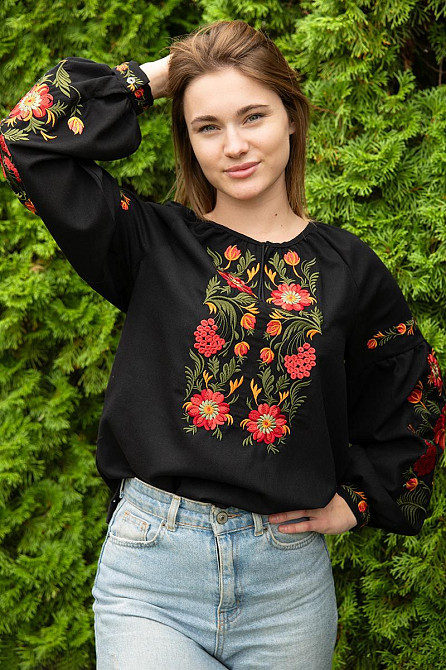 Вышиванка женская с длинным рукавом  льняная, черная  топ Киев - изображение 7