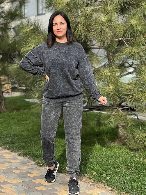 Костюм женский SEVILEN 142 варка тай дай свитшот оверсайз и брюки на резинке двунитка черный, черный, S Киев - изображение 9