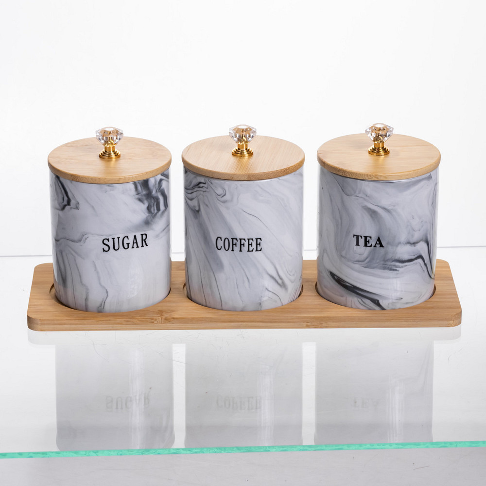 Набір порцелянових банок на підставці 3 шт по 350 (мл) Сірий SCT-662 Київ - фото 1