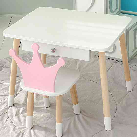 Детский столик белый и стульчик корона бело- розовый. Столик с ящиком для карандашей и разукрашек 56787 Киев