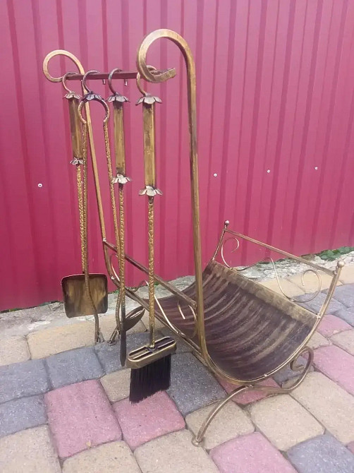 Набір для каміну кований №3 (дровниця, совок, щітка, кочерга, щипці) Київ - фото 1