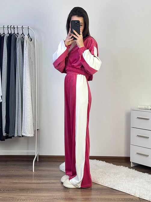 Женский прогулочный костюм двойка: кофта и штаны велюр 46/48, Малиновый Одесса - изображение 3