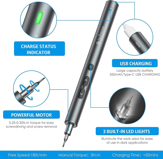 Электрическая отвертка AMIR 28-в-1, 24 прецизионные биты, 350 мАч, USB Type-C, 3 LED, магнитный набор для ремонта Киев