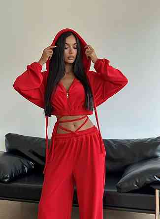 Жіночий стильний повсякденний велюровий костюм плюш-велюр Червоний, 44/46 Одеса