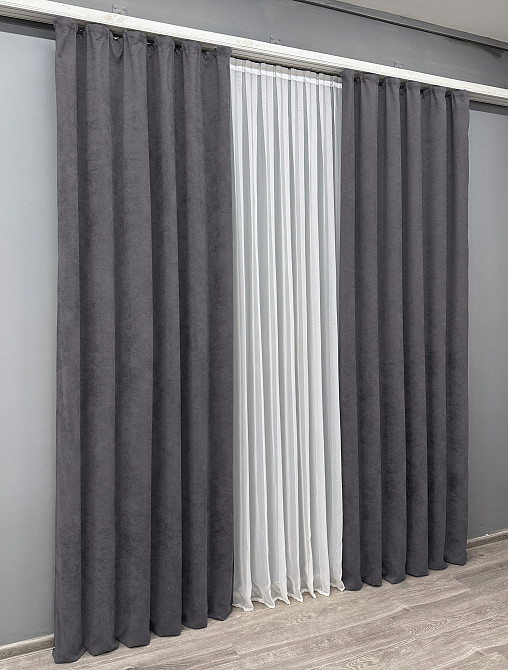 Комплект готовых штор VR-Textil Микровелюр Petek YL № 1706ш Графитовый 200х290 см 2 шт (32-485) Киев - изображение 4