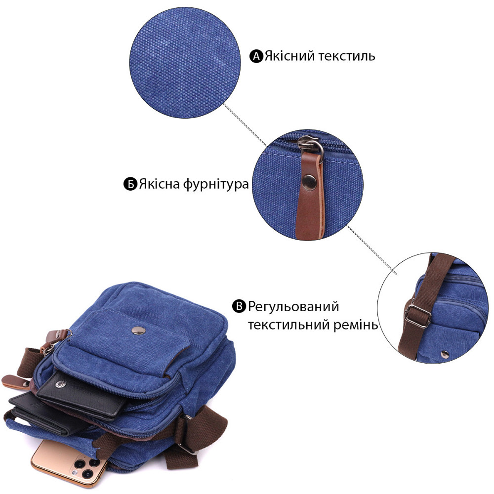 Удобная небольшая мужская сумка из плотного текстиля Vintage 22221 Синий Киев - изображение 4