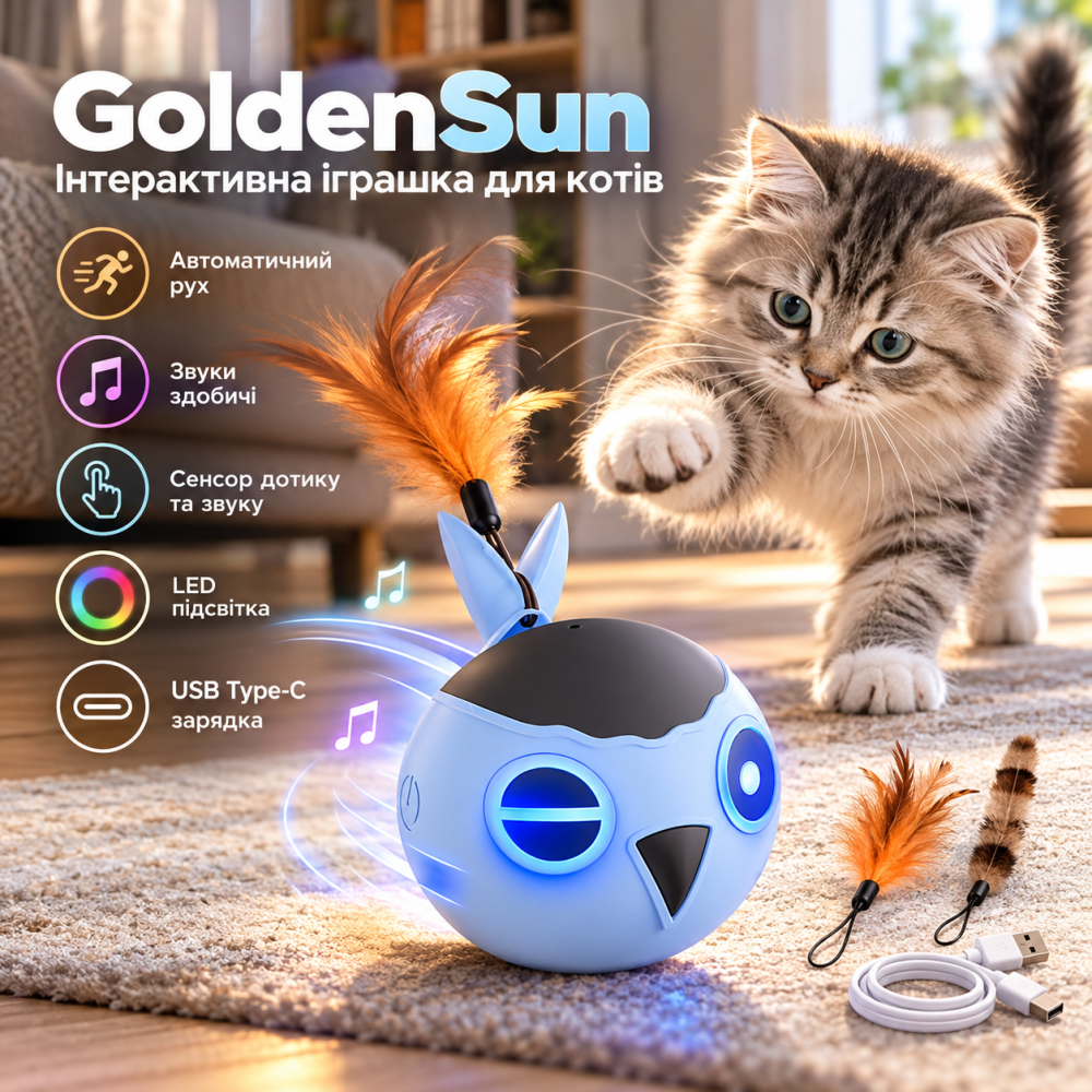 Інтерактивна іграшка для котів GoldenSun, автоматичний рухомий м'яч, LED, звуки здобичі, сенсор дотику та звуку, USB Type-C, пір'я Київ - фото 1