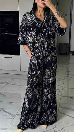 Жіночий легкий принтований костюм-трійка: хустка, сорочка та штани софт Чорний Одеса