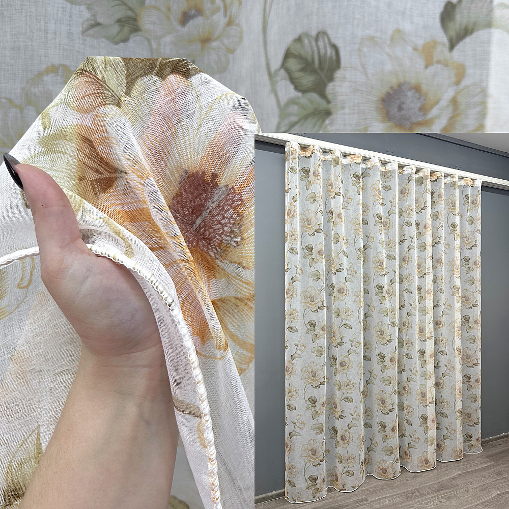 Тюль VR-Textil 1865т Flora Батист Белый с зеленым и оранжевым 300х270 см (42-0823) Киев - изображение 1