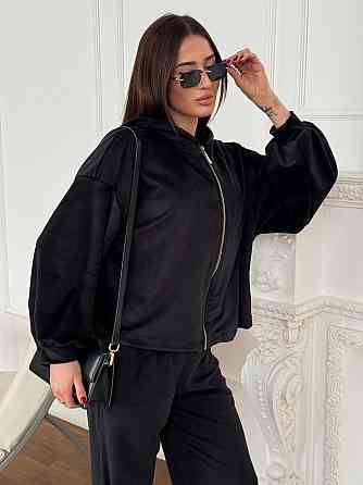 Женский повседневный костюм тройка: кофта, топ и брюки велюр Черный, 42/46 Одесса