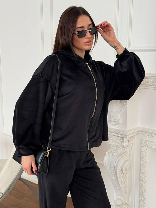 Женский повседневный костюм тройка: кофта, топ и брюки велюр Черный, 42/46 Одесса - изображение 4