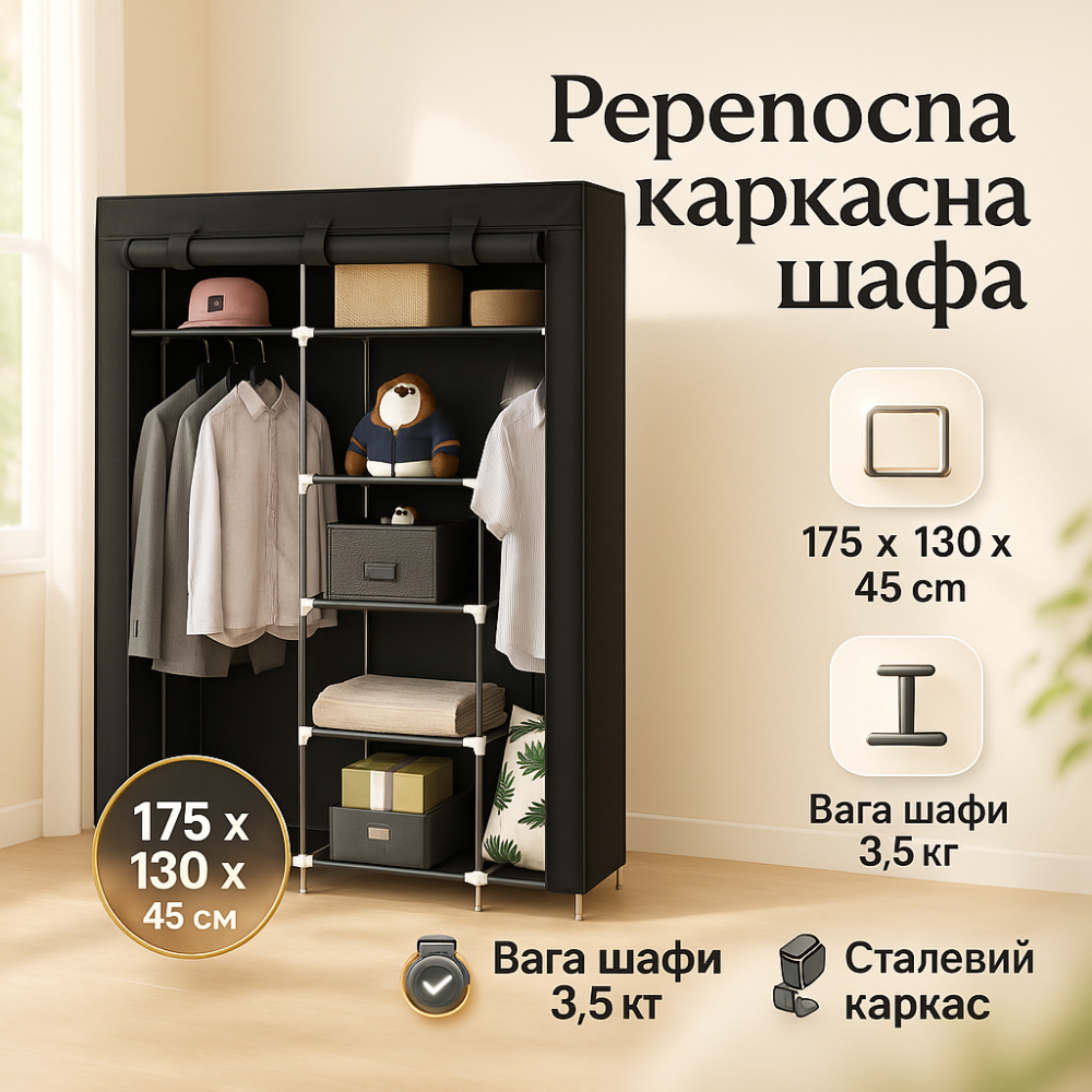 Тканевый шкаф для верхней одежды WARDROBE 175 х 130 х 45 см, Универсальный шкаф тканевый IM-86 Львов - изображение 10
