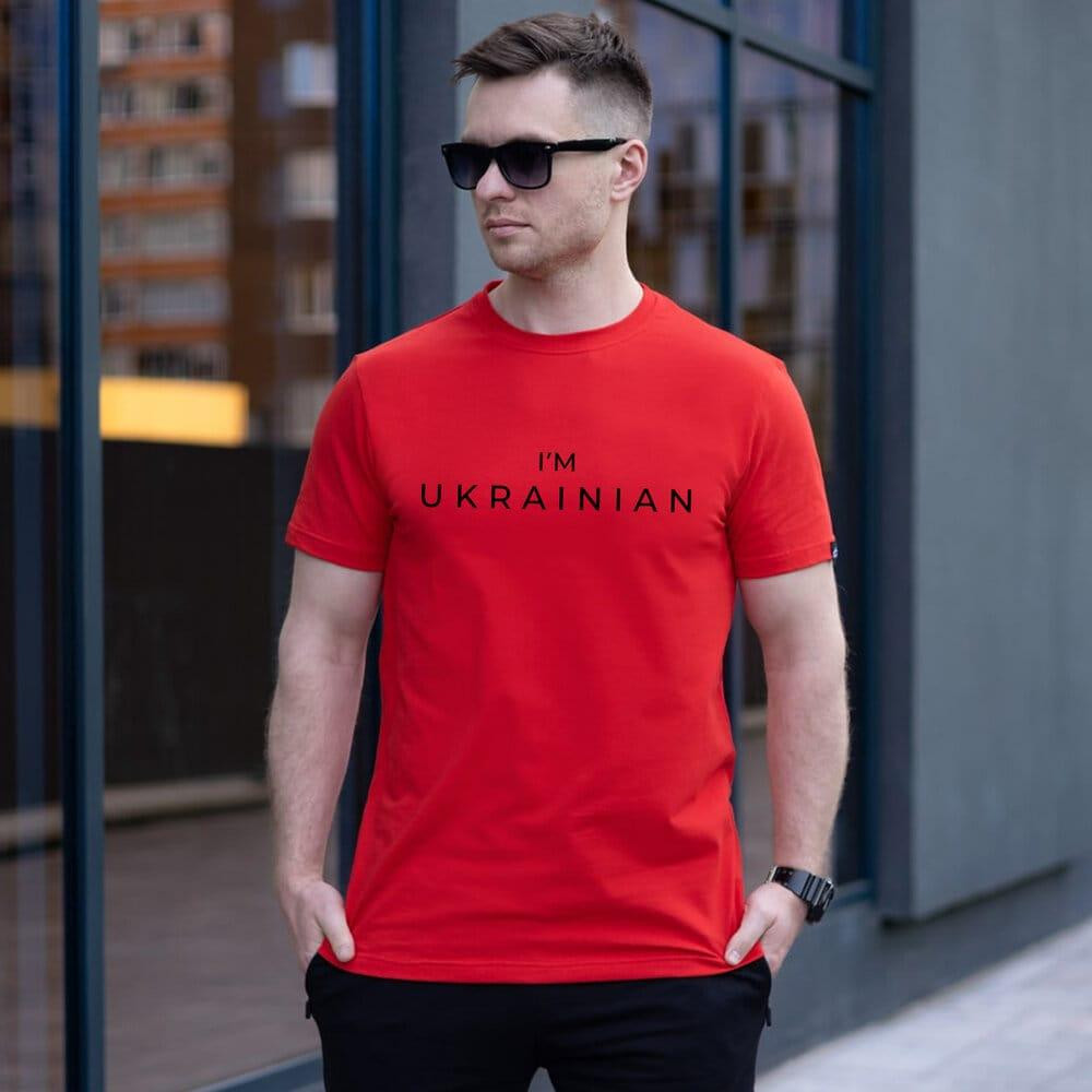 Футболка мужская однотонная красная Pobedov Peremoga - I'M UKRAINIAN наклейка чорна Киев - изображение 2