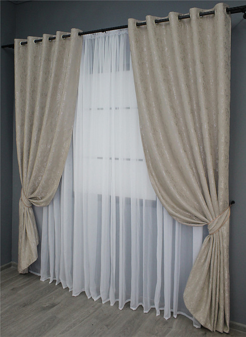 Комплект штор на люверсах VR-Textil Лен мрамор Pavliani № 1177ш 150х250 см 2 шт Серо-бежевый (37-0040) Киев - изображение 3