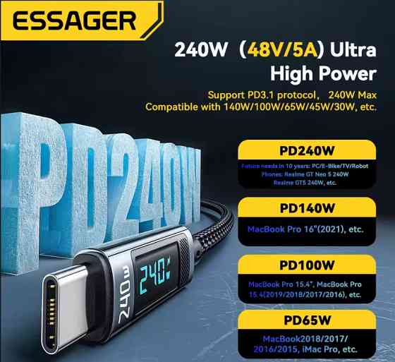 Essager кабель PD Type-C на Type-C з дисплеєм, підтримка швидкої зарядки до 240Вт (1м) Миколаїв