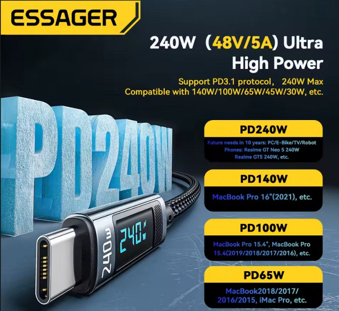 Essager кабель PD Type-C на Type-C з дисплеєм, підтримка швидкої зарядки до 240Вт (1м) Миколаїв - фото 4