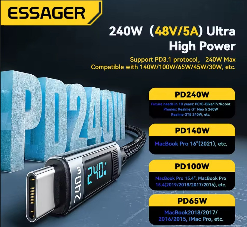 Essager кабель PD Type-C на Type-C з дисплеєм, підтримка швидкої зарядки до 240Вт (1м) Миколаїв - фото 4