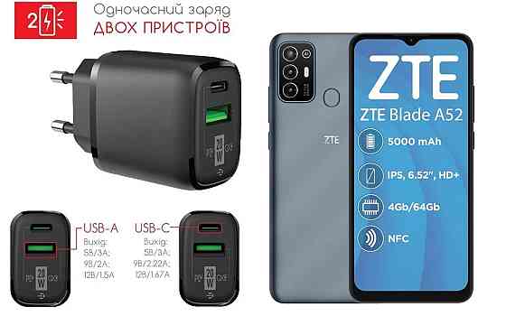 Сетевое зарядное устройство для ZTE Blade A52, Blade A52 Lite, 20W 3A, Quick Charge 3.0 Киев