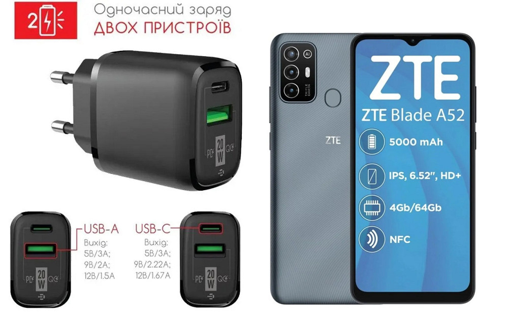 Сетевое зарядное устройство для ZTE Blade A52, Blade A52 Lite, 20W 3A, Quick Charge 3.0 Киев - изображение 1