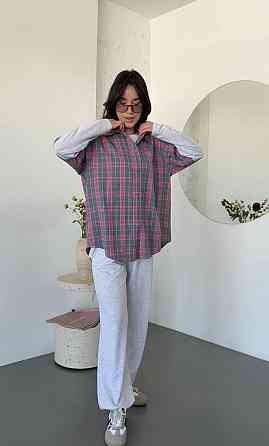 Женский повседневный костюм двойка: рубашка в клетку и штаны турецкая фланель + двунитка Одесса