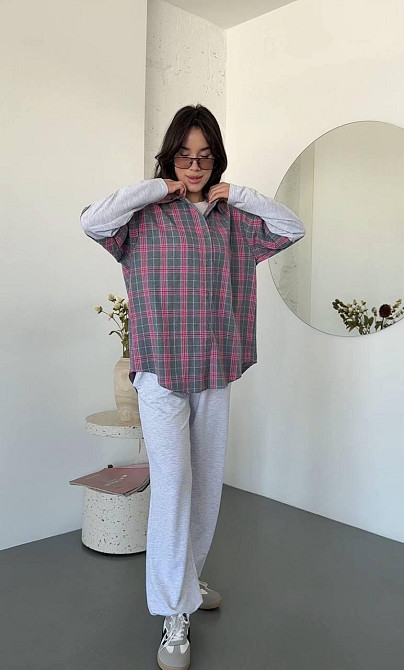 Женский повседневный костюм двойка: рубашка в клетку и штаны турецкая фланель + двунитка Одесса - изображение 2