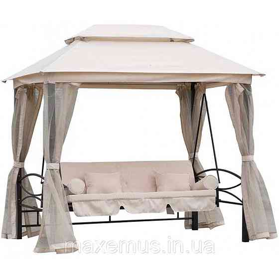 Садовые качели Bonro JD3060 4-х местная раскладная с навесом и москитной сеткой для сада и террасы бежевая Мостиська