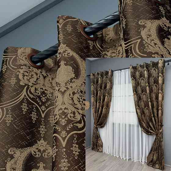 Комплект штор на люверсах VR-Textil Парча № 1772ш Коричневий з карамельним 155х270 см 2 шт (37-0258) Київ