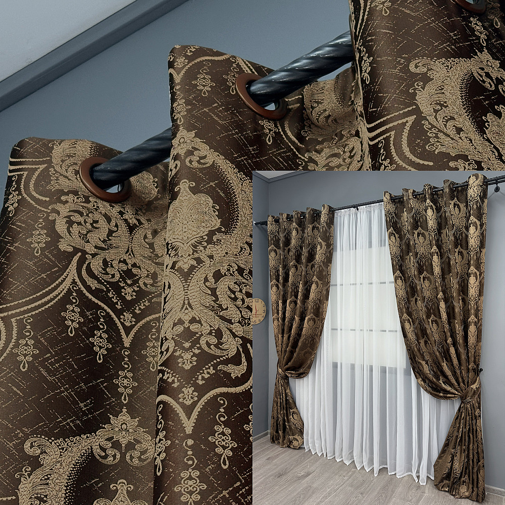 Комплект штор на люверсах VR-Textil Парча № 1772ш Коричневый с карамельным 155х270 см 2 шт (37-0258) Киев - изображение 1