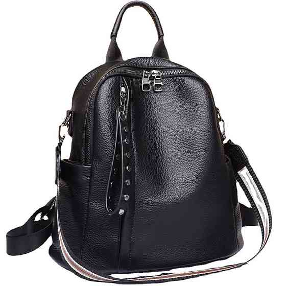 Кожаный классический женский рюкзак 26х32х15, плечевая сумка со многими отделениями, черная Киев