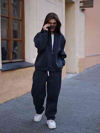 Жіночий теплий повсякденний костюм вільного крою турецька тринитка на флісі Графіт Одеса