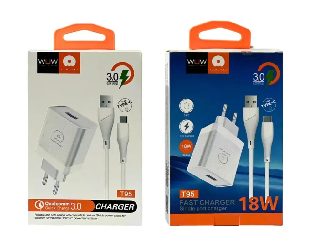 Зарядний пристрій WUW T95 220В 18Вт QC3.0 з USB і Type-C кабелем для швидкої зарядки телефонів та планшетів Одеса - фото 4