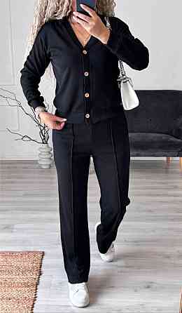 Женский стильный повседневный костюм двойка: кардиган на пуговицах + брюки трикотажный рубчик Черный, 50/52 Одесса